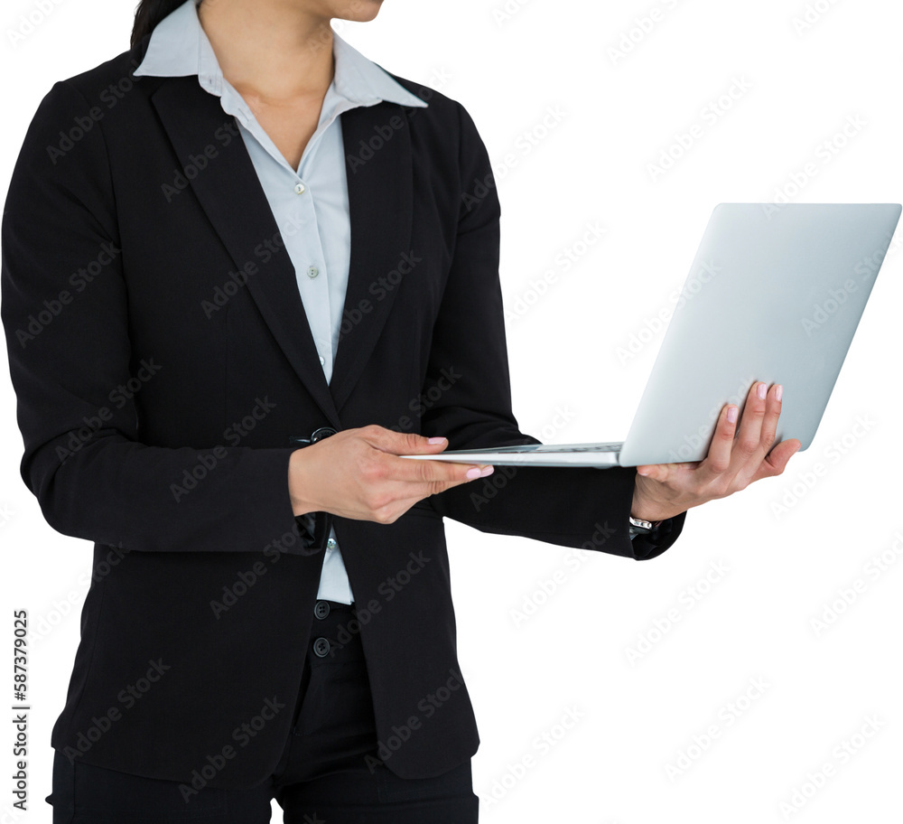 Cropped image of businesswoman holding laptop computer Cropped image of businesswoman holding laptop computer