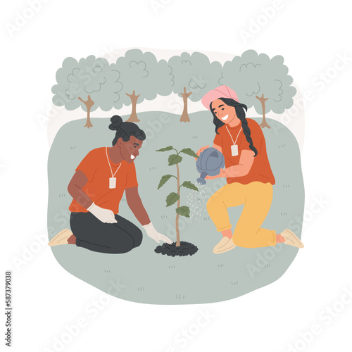 Community garden isolated cartoon vector illustration. Smiling teenagers planting trees, taking care of ecology and Earth, social work, volunteering time, doing charity job vector cartoon.