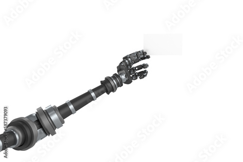 Digital composite image of robotic arm holding white placard