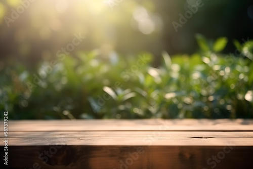 empty wooden table top with blurred plants background. Place for your text. AI generated