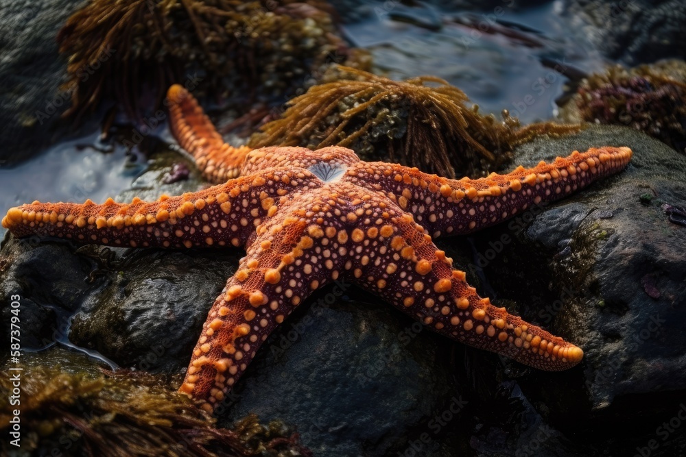 starfish resting on a rock covered in seaweed in an oceanic environment. Generative AI starfish resting on a rock covered in seaweed in an oceanic environment. Generative AI