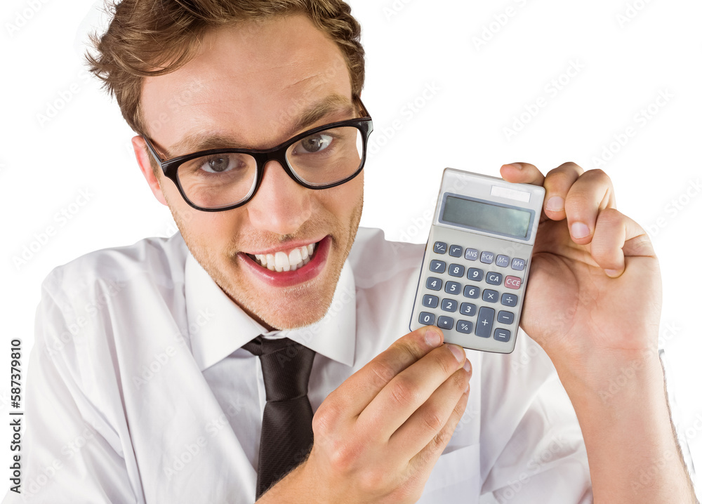 Geeky businessman showing a calculator Geeky businessman showing a calculator