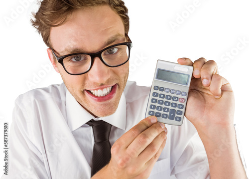 Geeky businessman showing a calculator
