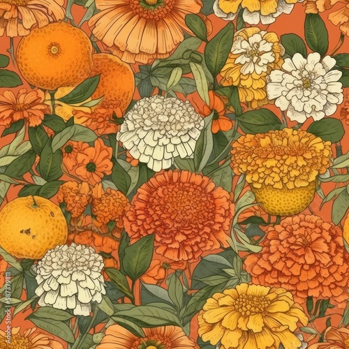 Trendy seamless background with Marigolds and zinnias. AI generated.