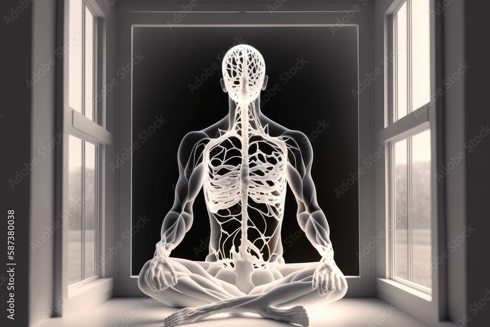 Human skeleton in a room with window. 3D rendering. Human body. Stock ...