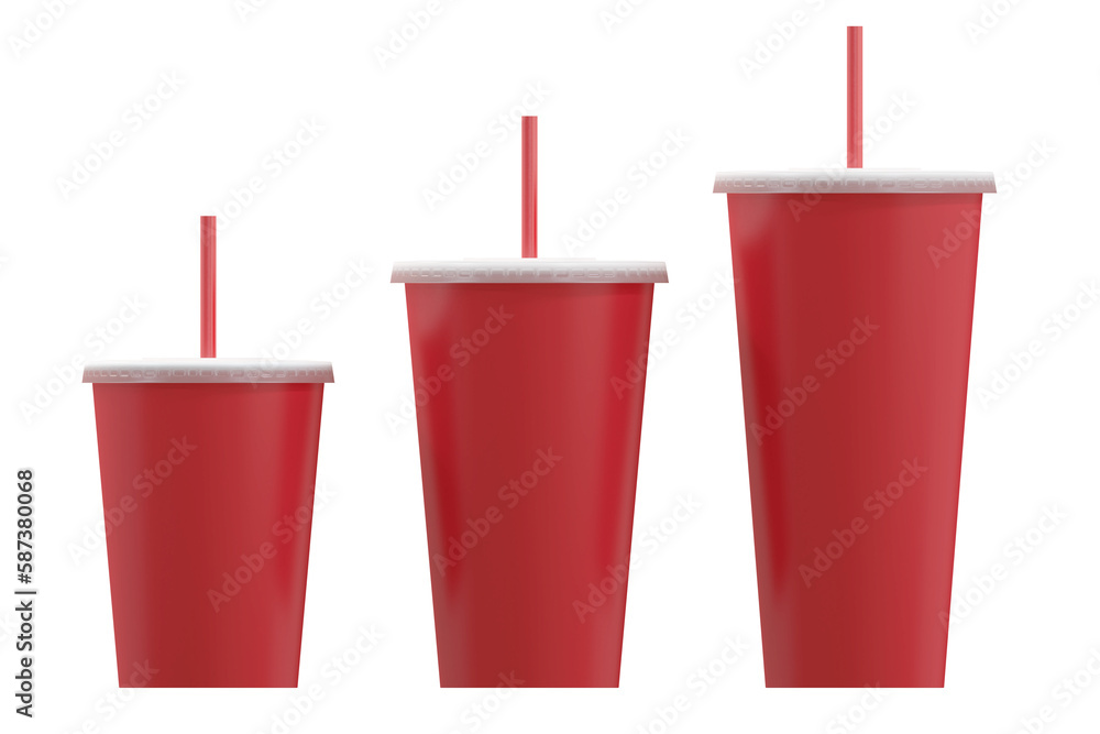 Digital composite image of disposable cups with straws arranged side by side 