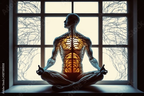 Human body in lotus position meditating in front of window background