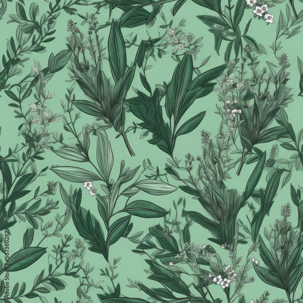 Fototapeta premium Rosemary and mint in a herb seamless pattern. AI generated.
