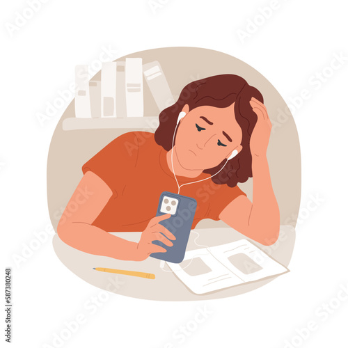 Procrastination isolated cartoon vector illustration. Teenagers bad habits, girl listening to music and looking at her smartphone, procrastination addiction, laziness problem vector cartoon.
