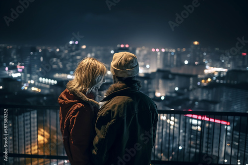 Romantic couple on the roof of a skyscraper looking at the night view of a big city. Generative AI.