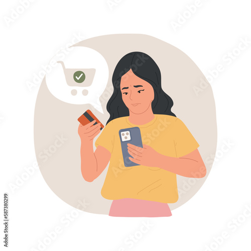 Wasting money isolated cartoon vector illustration. Worried cute girl doing impulsive spending all money during online shopping, looking guilty with oops face, teens bad habits vector cartoon.