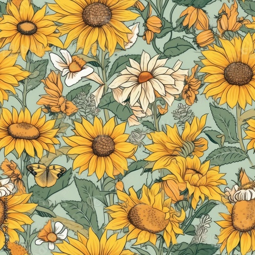 Beautiful seamless floral pattern with Sunflowers and daisies.