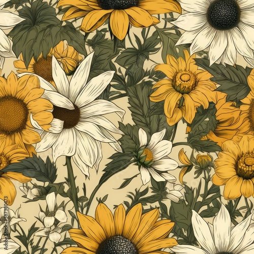 Beautiful seamless floral pattern with Sunflowers and daisies.