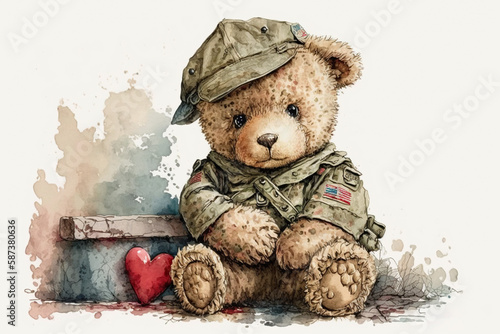 Teddy bear dressed up like a soldier with a heart beside him watercolor, Generative AI photo