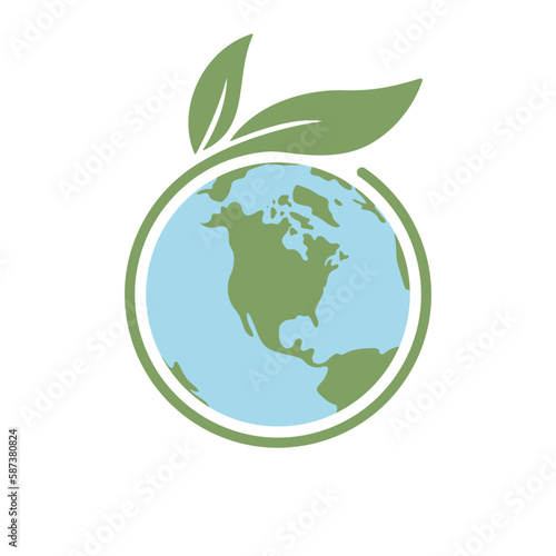 Save earth. Global ecology icon. Planet with green plant leaves growing illustration.