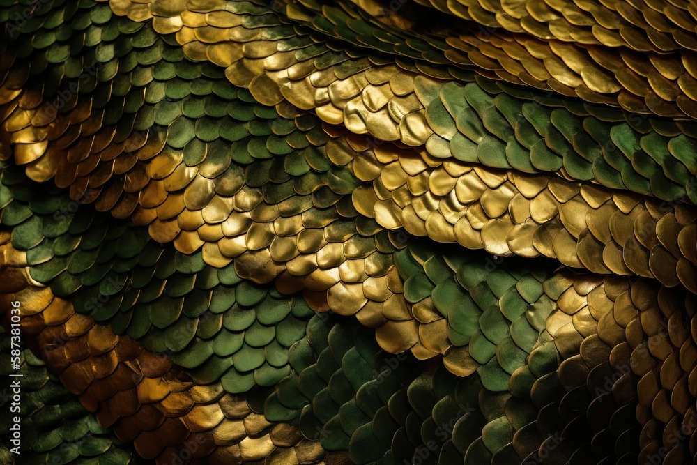 a close up of a snake skin with gold and green scales on it's sides and ...