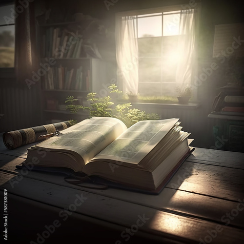 Open Book Inside Of Old Abandoned Home With Window Light Shinning On Book Generative AI