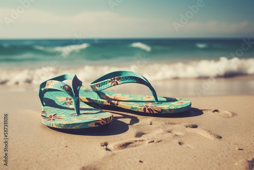  a pair of flip flops sitting on top of a sandy beach next to the ocean with a wave coming in and a person's footprints in the sand. generative ai