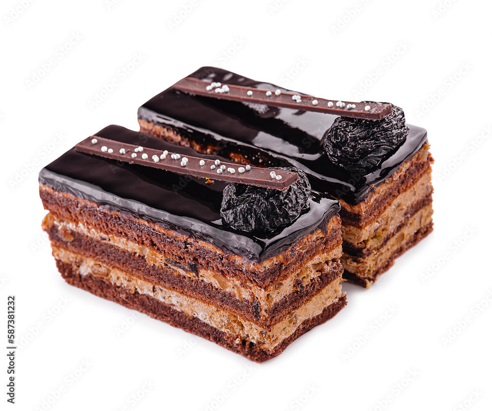 chocolate layered cakes slices on plate chocolate layered cakes slices on plate