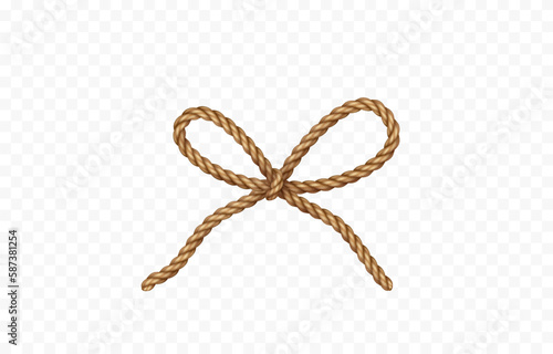 String bow isolated on white background. Vector cord, jute or twine rope knot. Parcel, package, box gift wrap element decor
