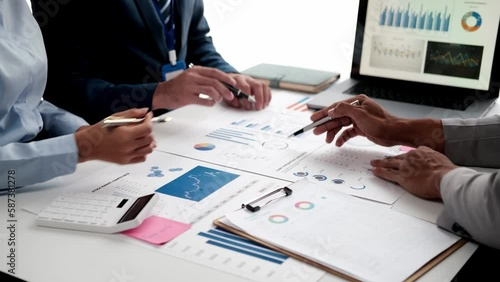 Business team meeting to conference, collaboration discussing working analyzing with financial data and marketing business strategy project, presentation and brainstorming to making profit of company