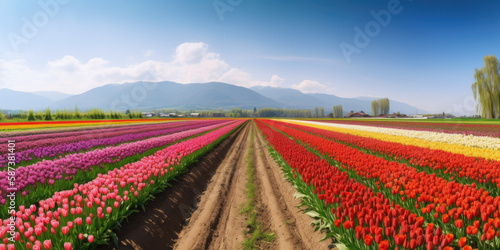view of a beautiful panoramic tulip field, generative AI