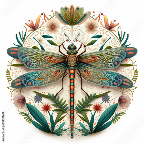 Colorful detailed dragonfly mandala art on a white background. Created with Generative AI technology.