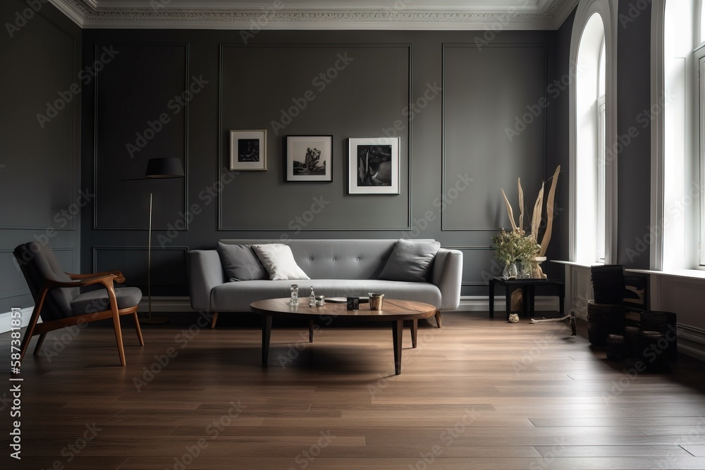 a living room with a couch, chair, table and a window with a view of the outside of the room and the outside of the room. generative ai a living room with a couch, chair, table and a window with a view of the outside of the room and the outside of the room. generative ai