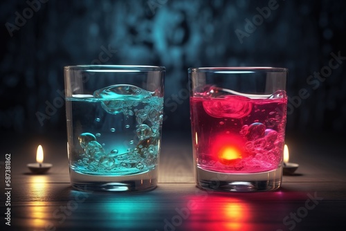  a couple of glasses filled with liquid next to each other on a table with a lit candle in the middle of the glass and a lit candle in the middle of the glass.  generative ai © Nadia