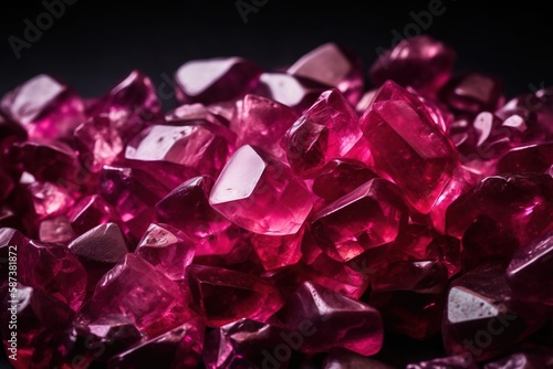  a pile of pink crystals sitting on top of a black table top next to a black background with a white spot on the top of the image. generative ai