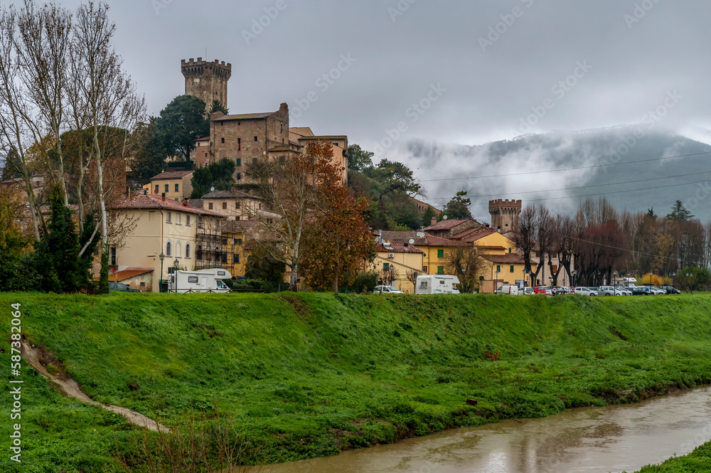 The ancient village of Vicopisano, Pisa, Italy, on a rainy and foggy day