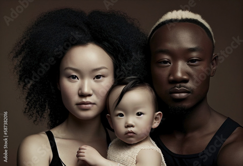 Afroasian diverse family of different racial backgrounds with one child. Colorful connections, portrait of three souls in unity, love and inclusion in bonds beyond blood. Ai generated.