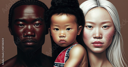 Afroasian familial fusion: three hearts beating as one an unconventional but loving family. Diverse family portrait showcasing love beyond boundaries and traditional structures. Ai generated.