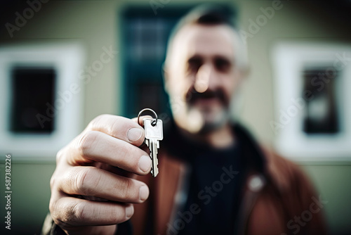 Generative AI Illustration of a smiling man holding in his hand the keys to his new home. Concept about real estate property mortgages and house purchase