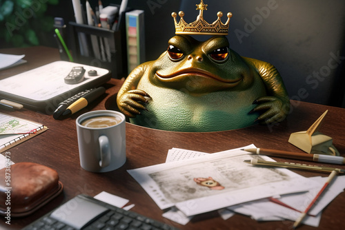 Smiling green frog with golden crown working at office dek. Generative AI. photo