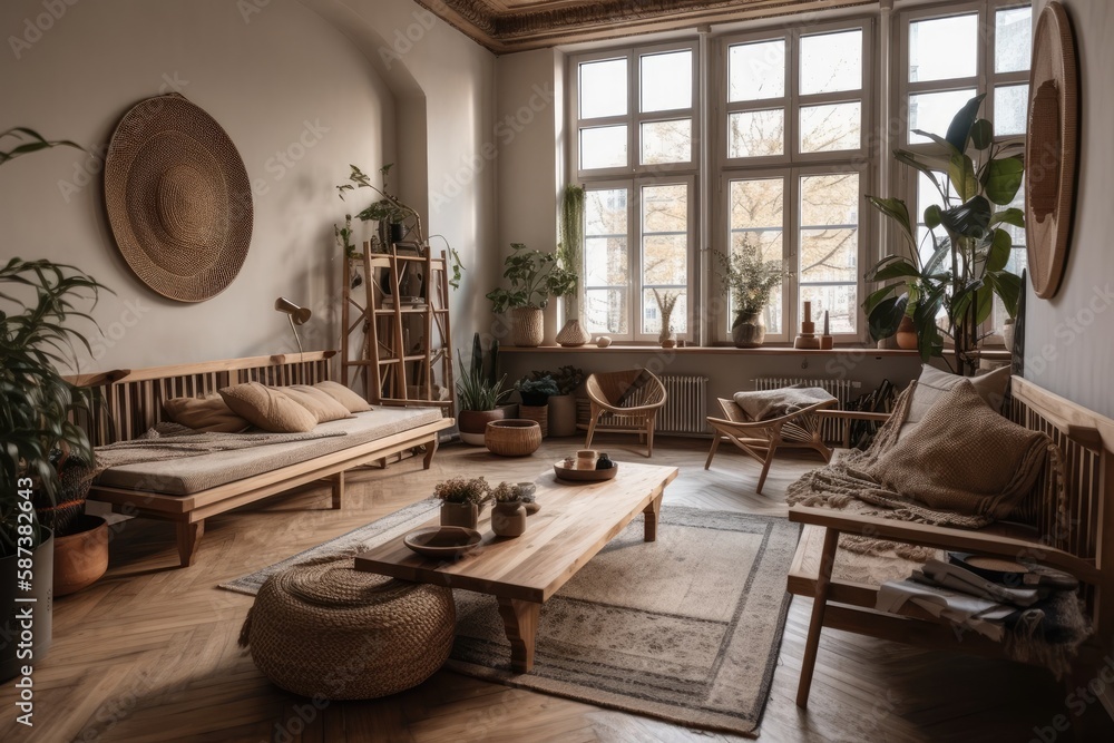 Wooden furnishings in a large apartment. Design idea. Generative AI