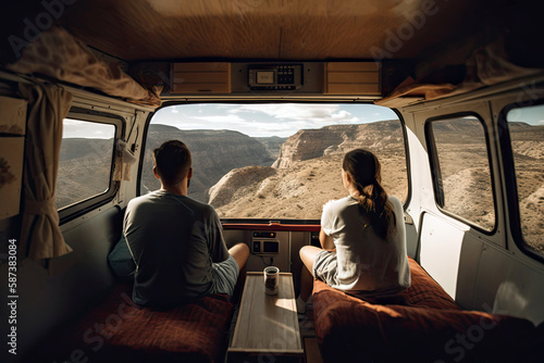 Generative Illustration AI of a couple inside a van looking at a wonderful landscape © Supermelon