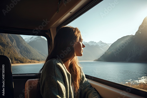 AI Generative Illustration of a young woman inside a caravan looking at a wonderful landscape