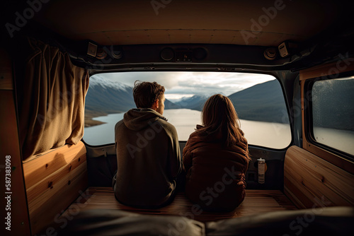 Generative Illustration AI of a couple inside a van looking at a wonderful landscape