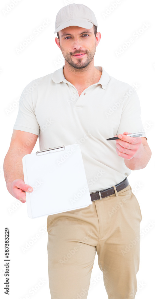Delivery man giving clipboard for signature Delivery man giving clipboard for signature