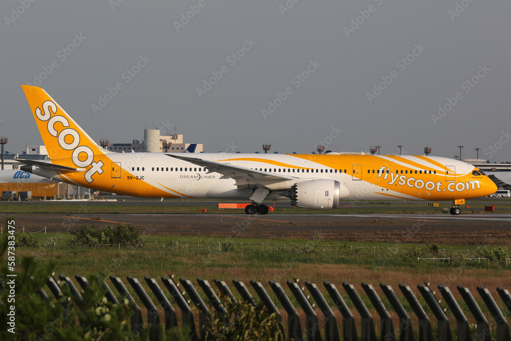 Scoot Boeing 787 Dreamliner airplane at Tokyo Narita airport in Japan