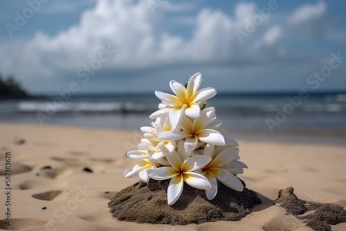  a bunch of flowers that are sitting in the sand on a beach near the ocean and a body of water in the distance with clouds in the sky. generative ai