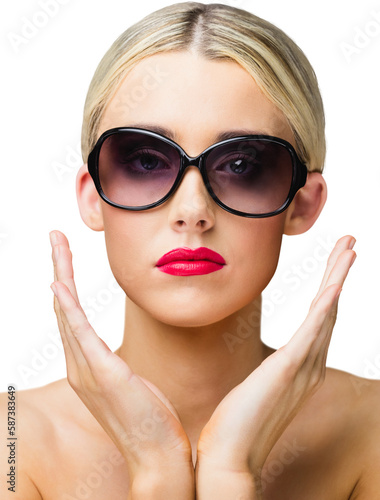 Portrait of woman gesturing while wearing sunglasses