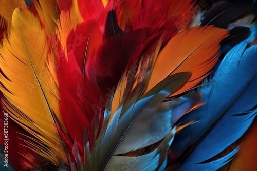  a close up of a bunch of colorful feathers on a black background with a blurry image of a bird's feathers in the foreground.  generative ai © Nadia