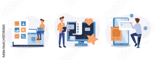 App development concept set. Developers write code, testing, create page layout. People isolated scenes in flat design. Vector illustration for blogging, website, mobile app, promotional materials. 
