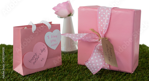 Happy mothers day gifts with rose on grass