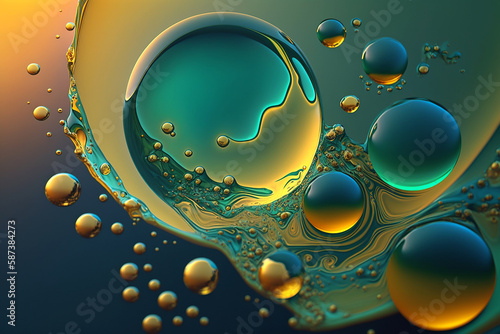 Abstract background with oil drops on water, yellow with green. Generative AI.