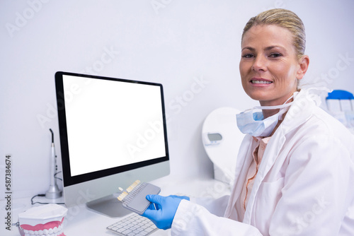 Portrait of dentist working while sitting by computer