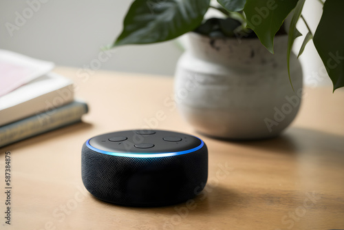 Smart speaker voice-controlled assistant for music, news, information