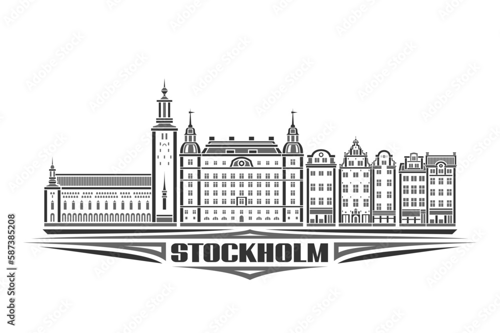 Vector illustration of Stockholm, monochrome horizontal card with linear design stockholm city scape, european urban line art concept with decorative lettering for text stockholm on white background
